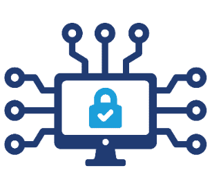 Icon of a computer connected to a network, representing digital connectivity and security