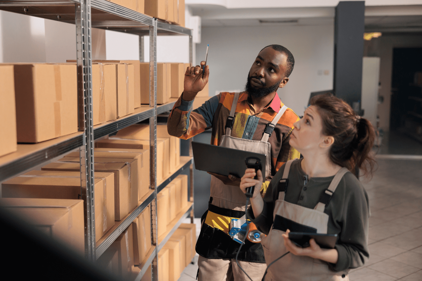 Warehouse employee showing colleague invoice code on tablet to find clients parcel in storage room. Shipping service workers packing merchandise orders while analyzing logistics report