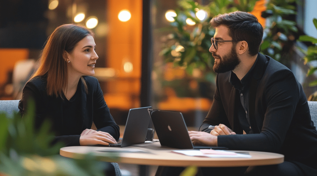 two IT professionals in a table with their laptops having a meeting